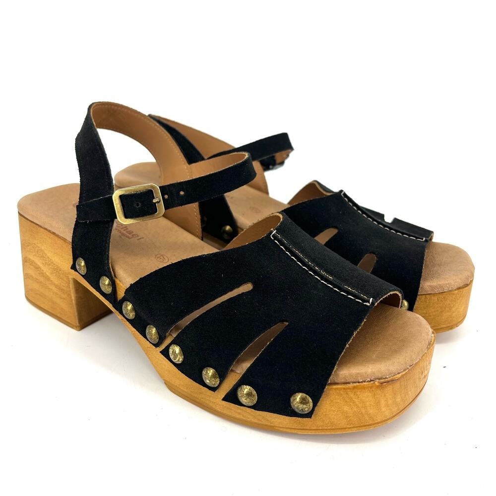 Eric Michael Simone EU37/US6.5 Black Suede Open Toe Wedge Sling Buckle sandal‎